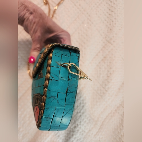 Ramla Handmade Turquoise Mosaic Floral Purse with Gold Chain Strap Southwestern - Picture 7 of 11